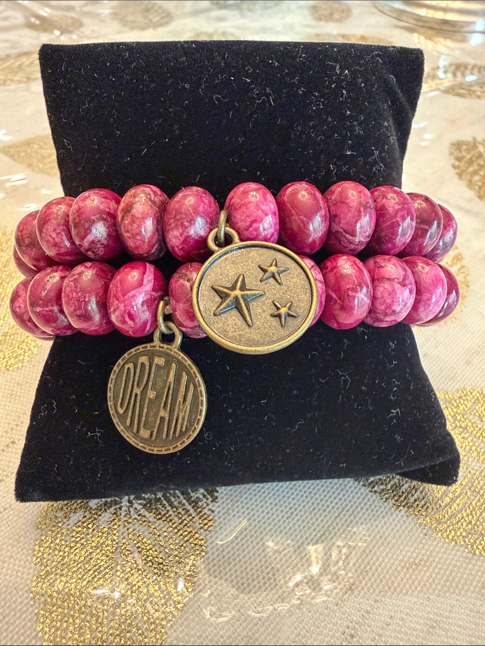 Pink Stone Beaded Charm Bracelet Set - Dream & Star Charms